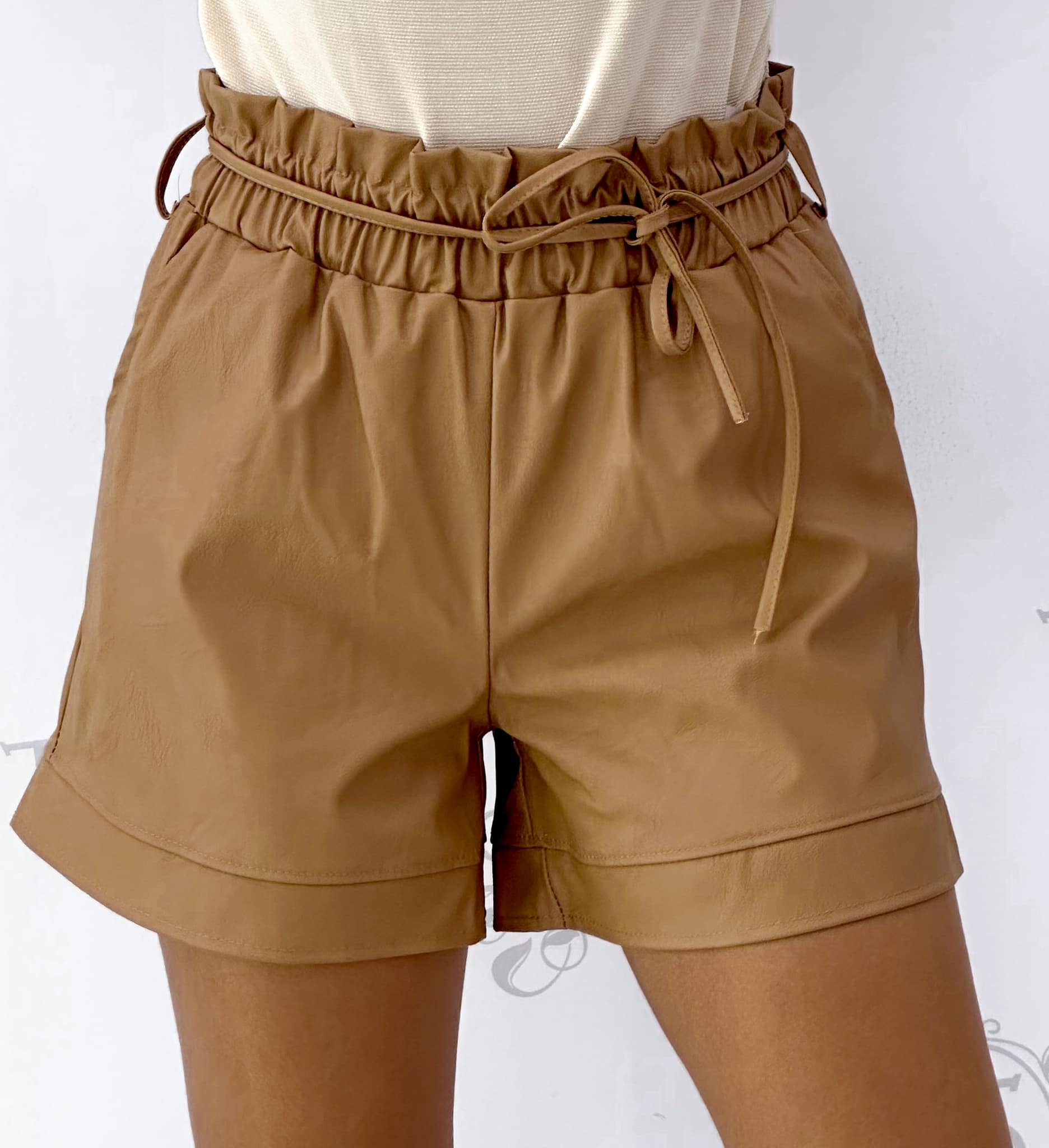 Elasticated waist, leather effect, loose fit shorts with tie belt - Image 5