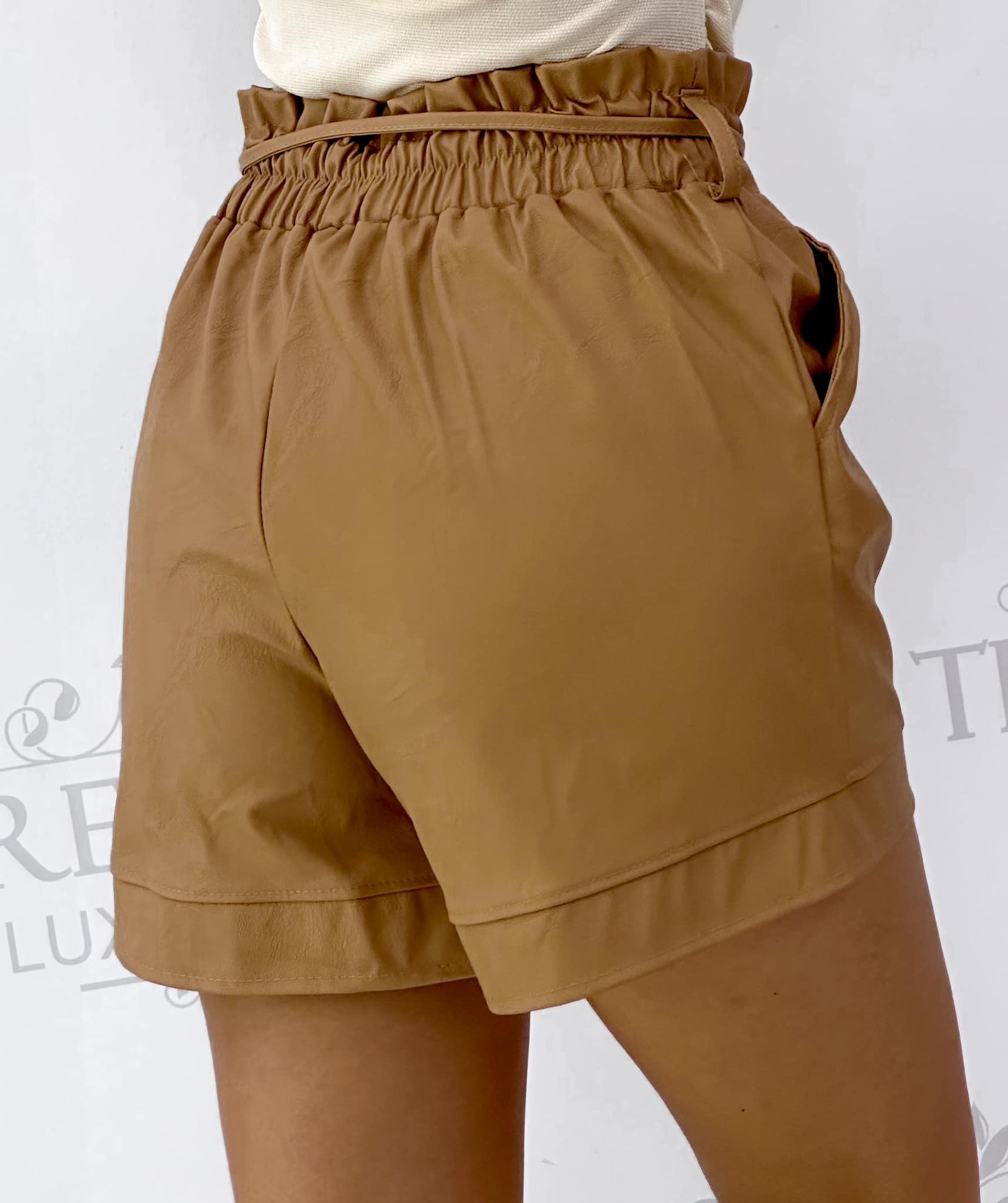 Elasticated waist, leather effect, loose fit shorts with tie belt - Image 7