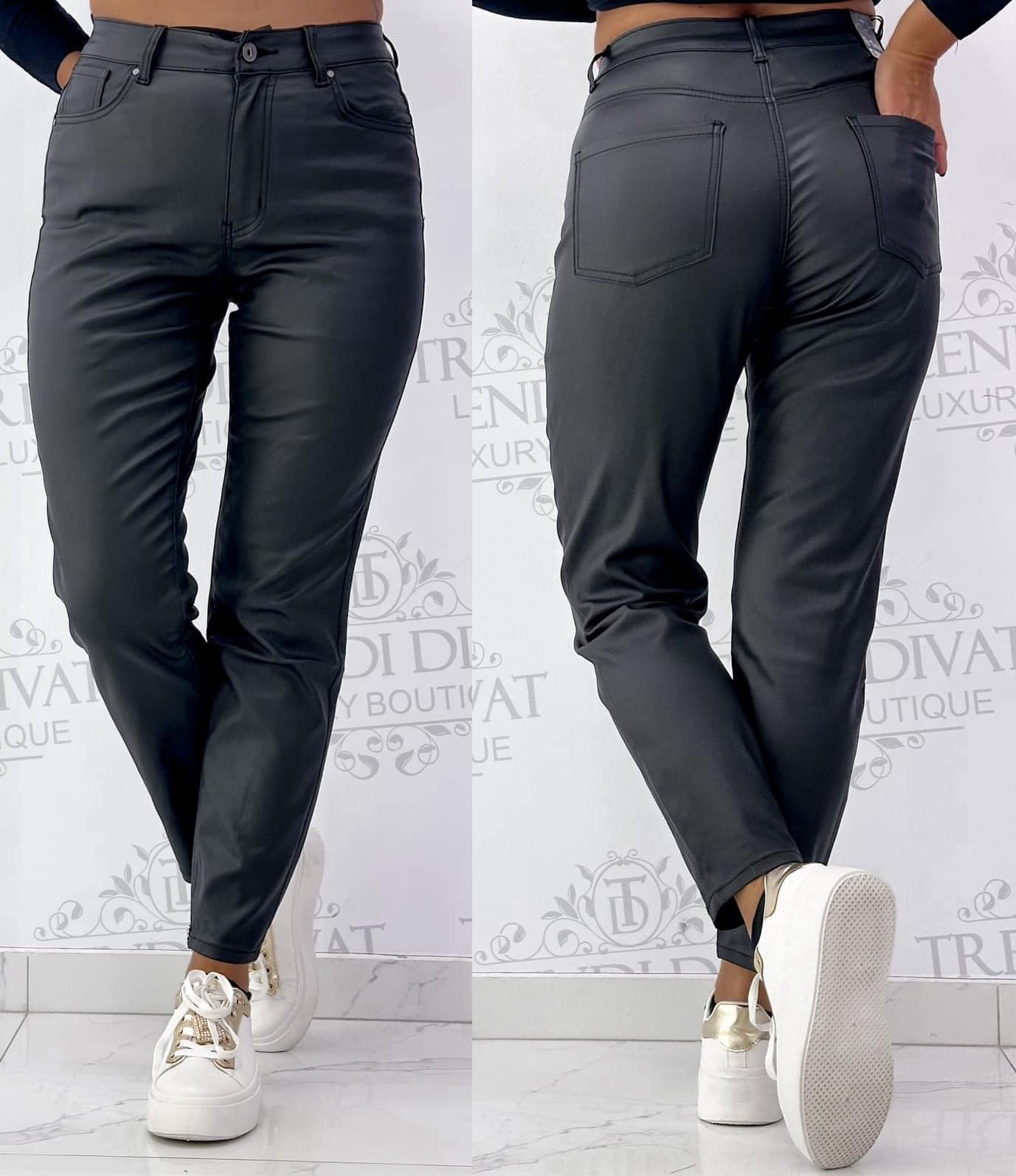 Plus size, lightly lined, leather effect, Mom style trousers "R8011#"