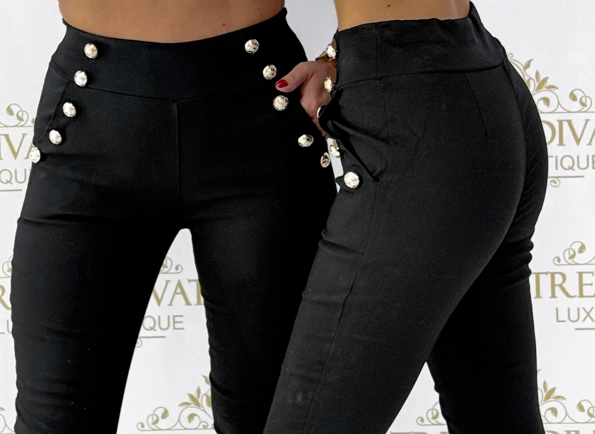 Elasticated canvas trousers with high elasticated waist and gold buttons - Image 2