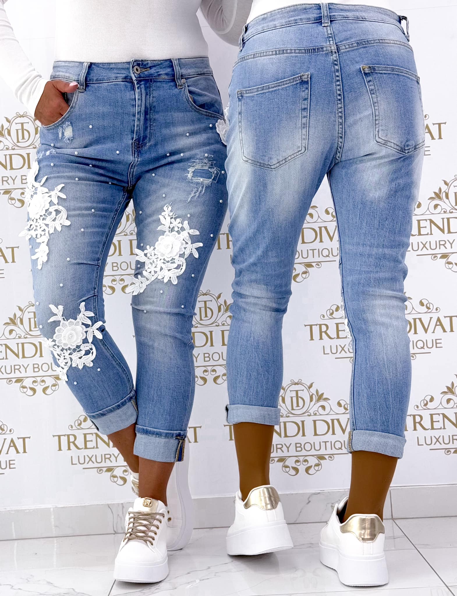 Special lace floral beaded boyfriend jeans