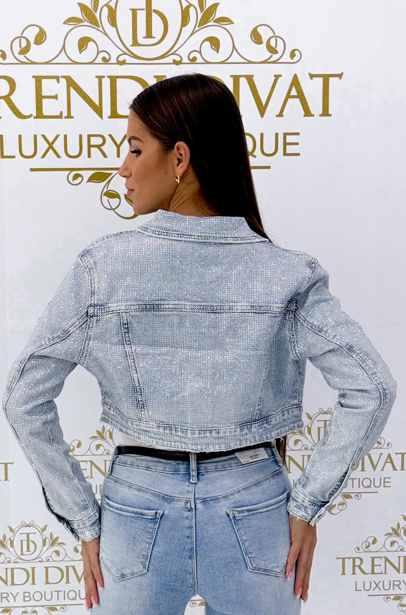 Short denim jacket with silver stones - Image 9