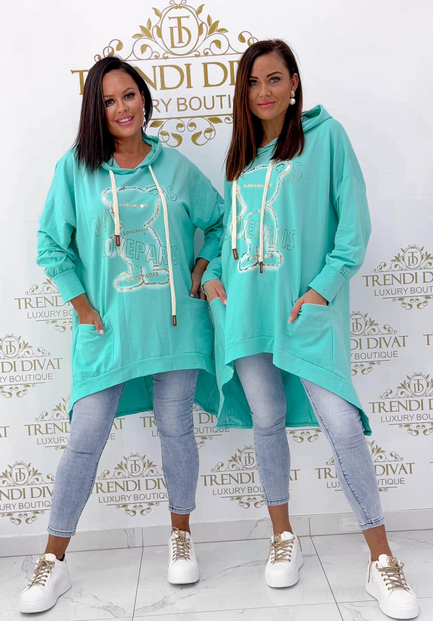 Tunic with a teddy bear pattern, shorter front, hooded tunic