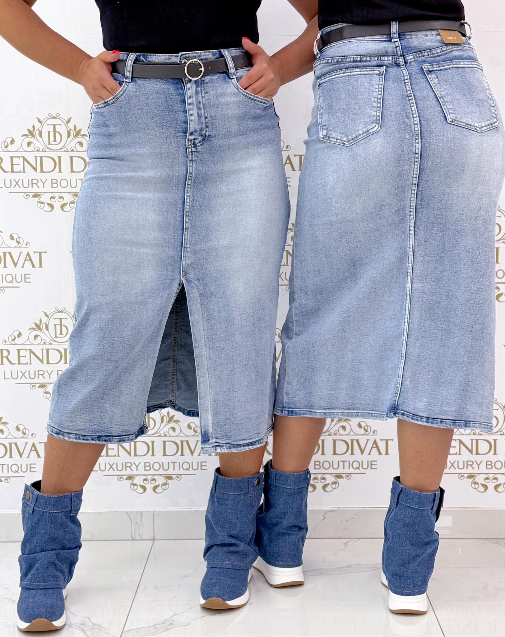 Elől felsliccelt, midi fazonú farmerszoknya, ajándék övvel "C1331#" - Image 2