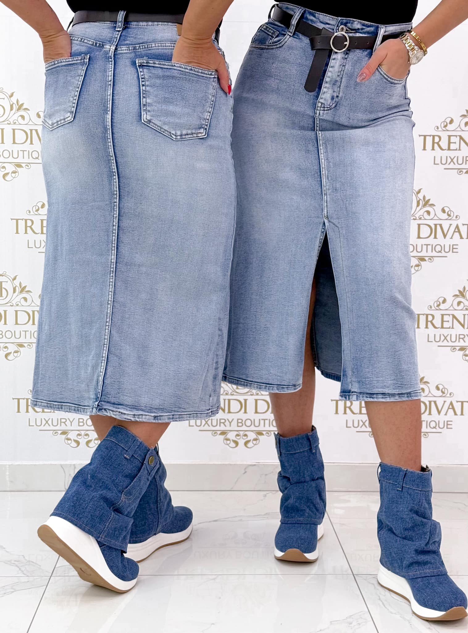 Elől felsliccelt, midi fazonú farmerszoknya, ajándék övvel "C1331#" - Image 3