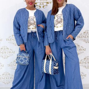 Lenge farmer anyagú, zsebénél flitter betétes palazzo nadrág, megkötős övvel