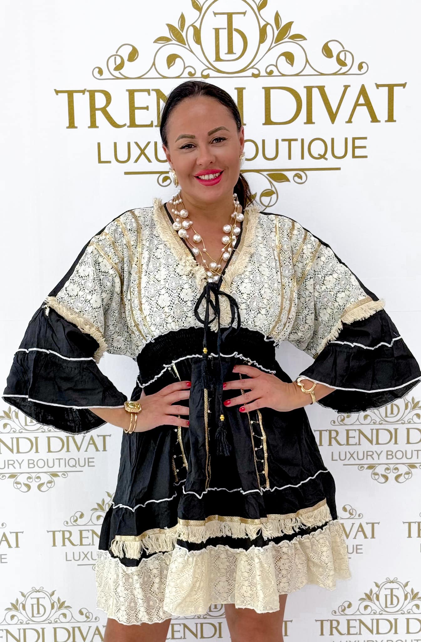 V-neck, unique beige lace trim, ruffled little dress - Image 11