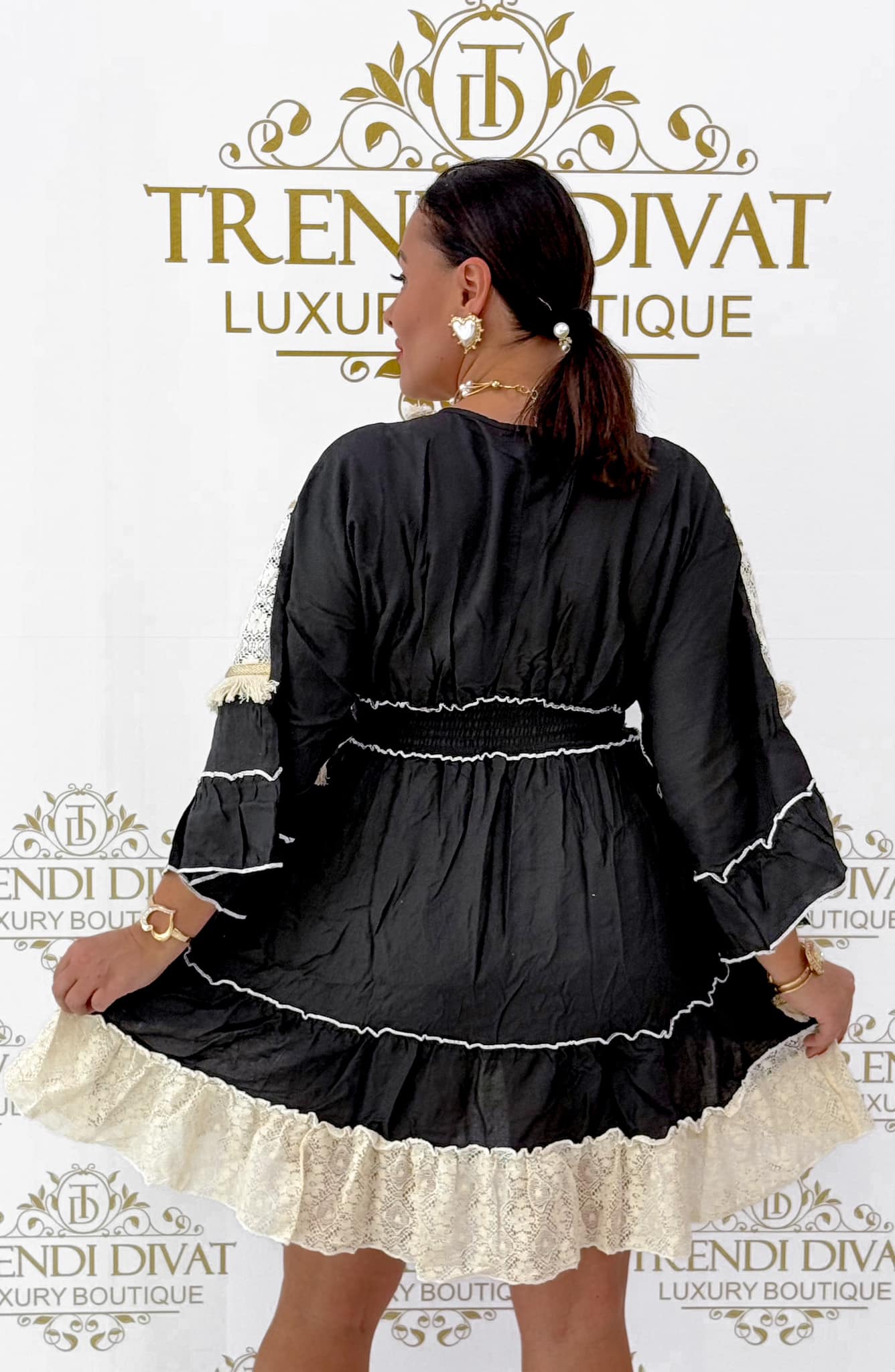 V-neck, unique beige lace trim, ruffled little dress - Image 13