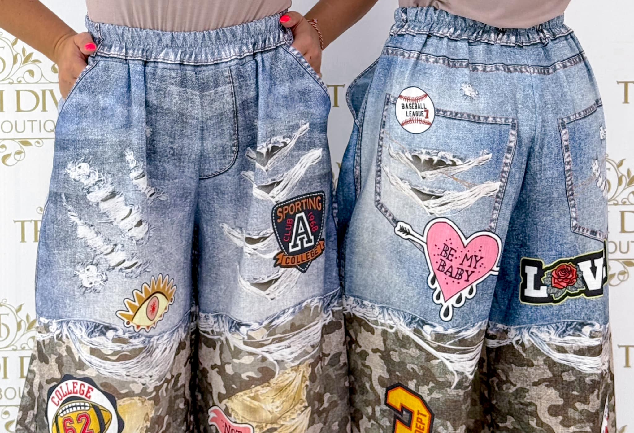 Elasticated waist, denim effect palazzo trousers with camo pattern inserts - Image 4