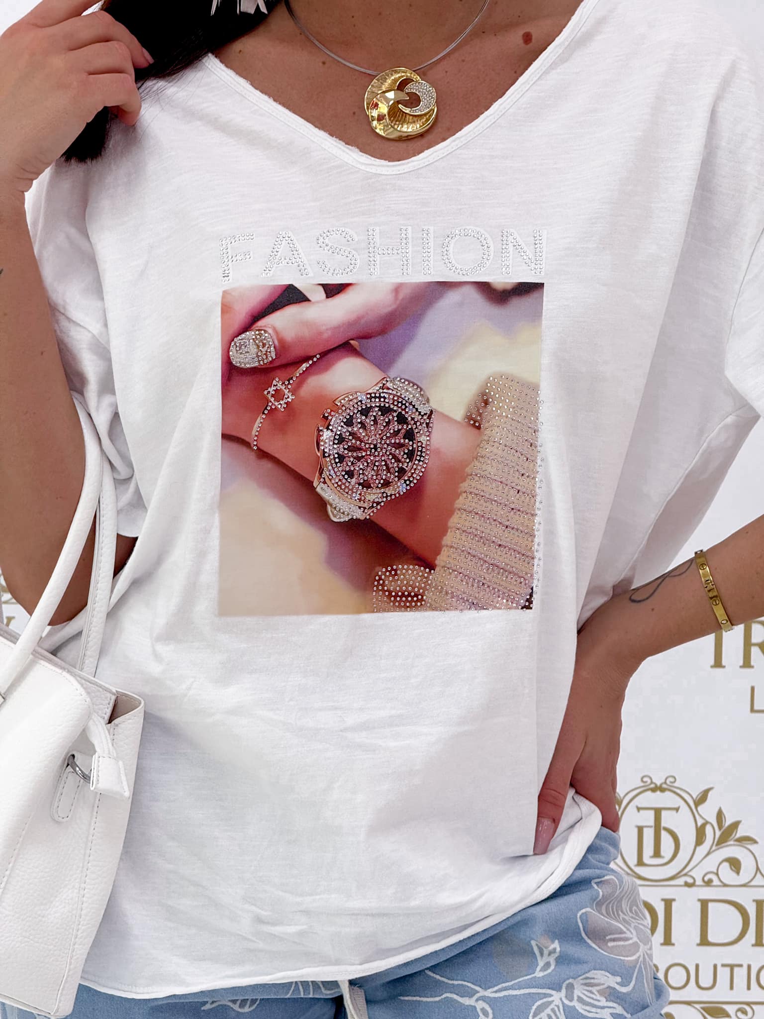 Hátul horgolt betétes, kövekkel díszített óra mintázatú, laza fazonú felső - Image 5