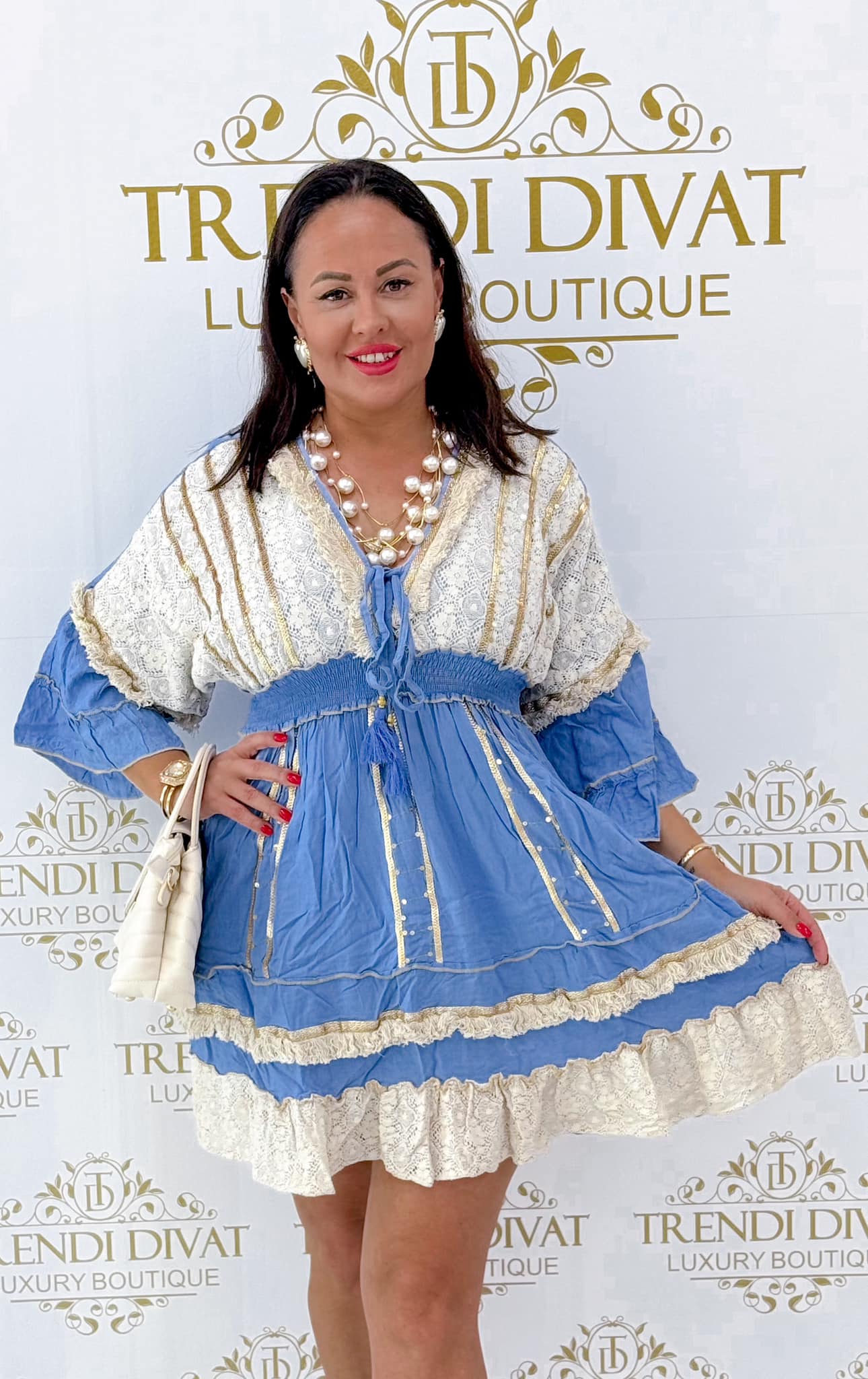 V-neck, unique beige lace trim, ruffled little dress - Image 4