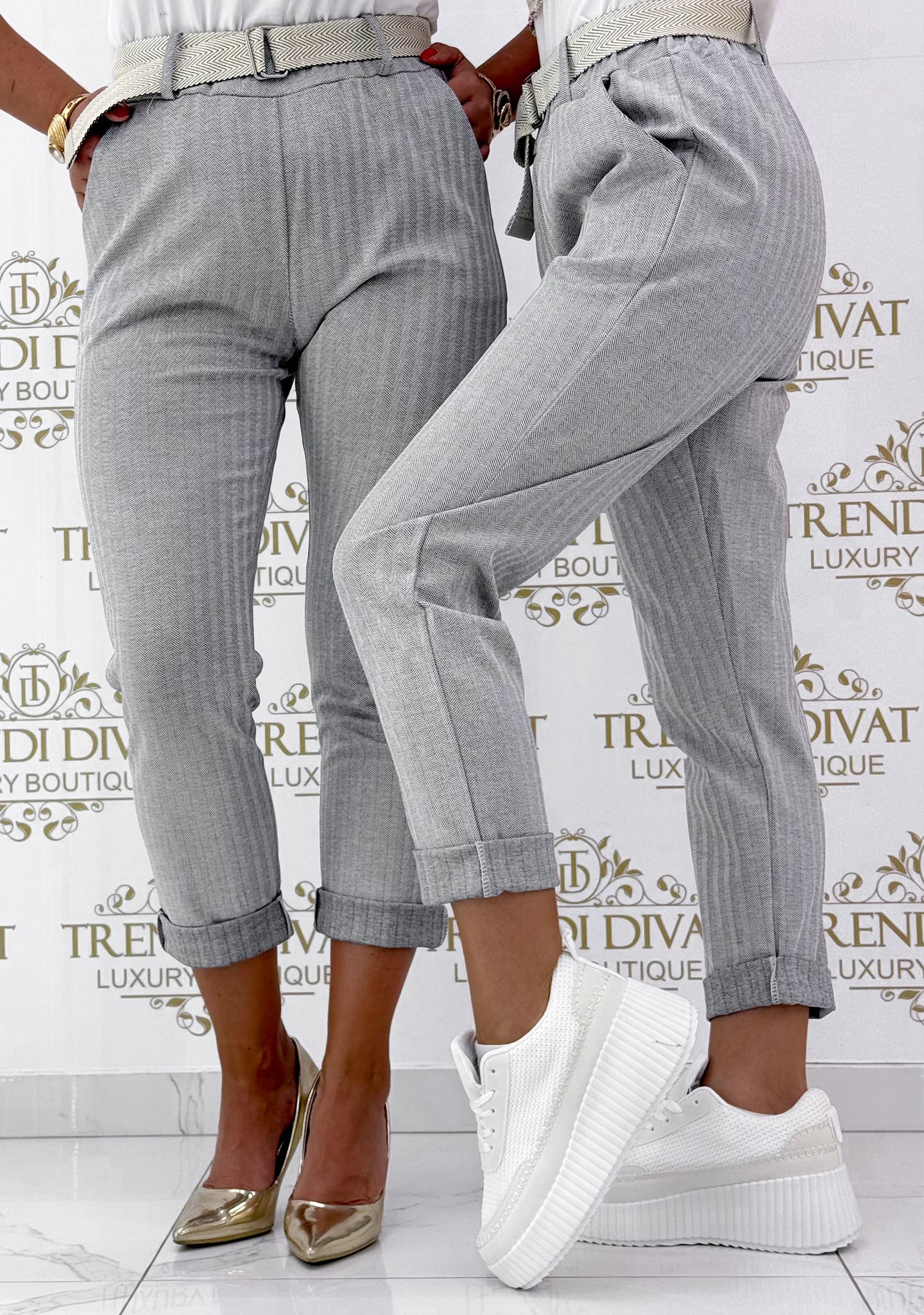 Elasticated waist trousers with elasticated fabric effect, with gift belt - Image 7