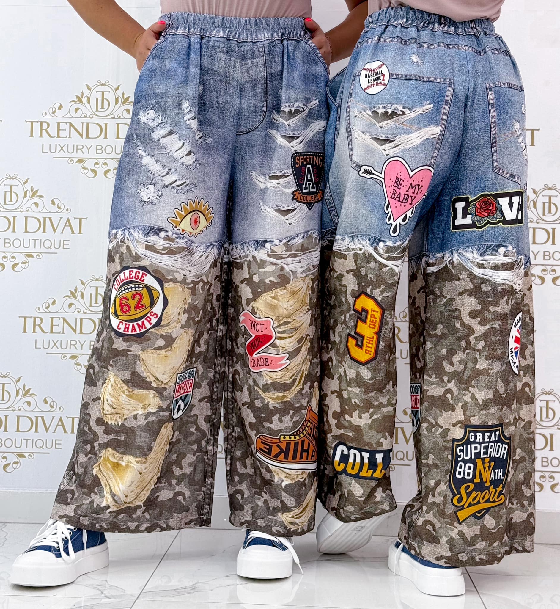 Elasticated waist, denim effect palazzo trousers with camo pattern inserts - Image 2