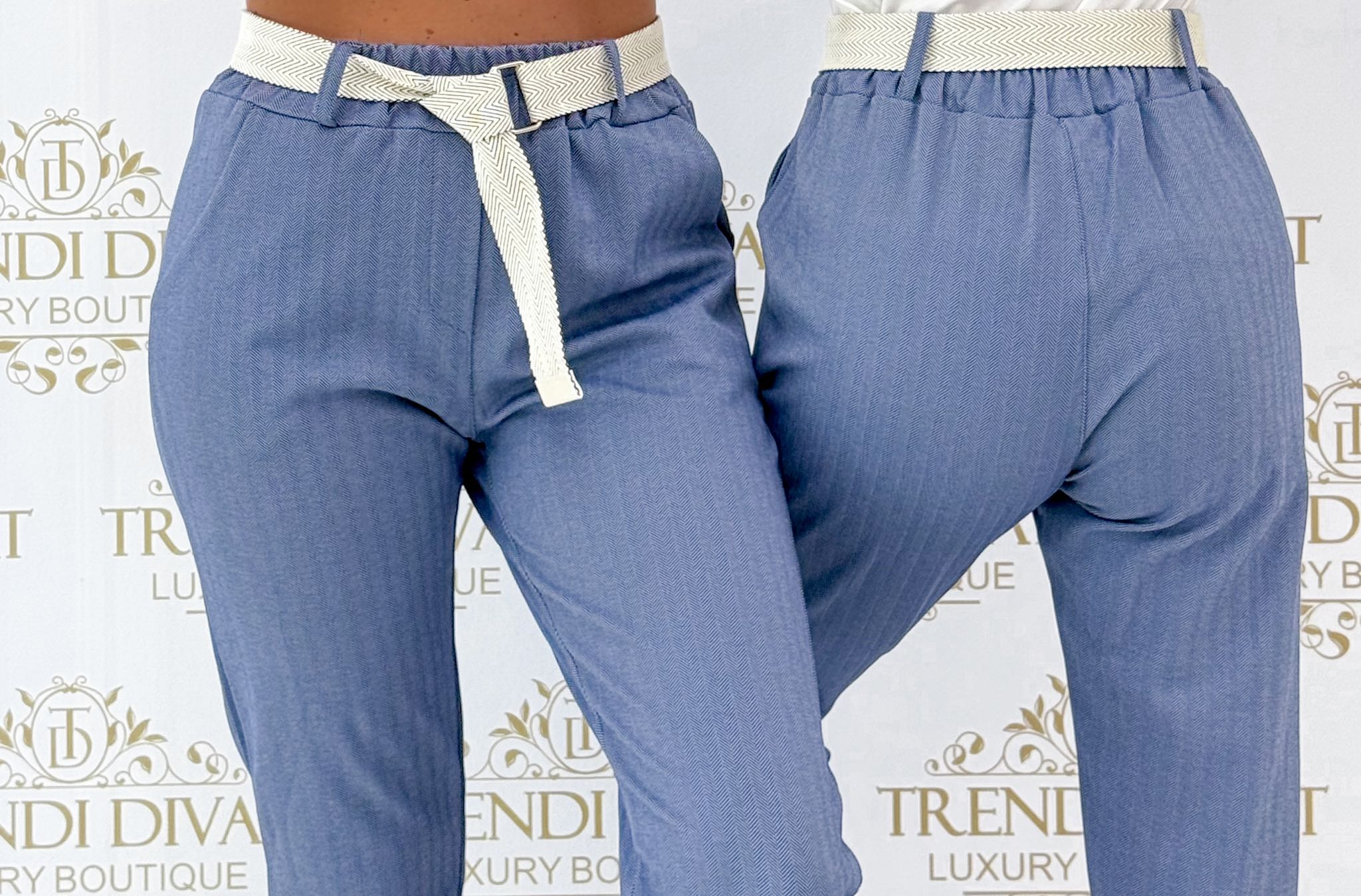 Elasticated waist trousers with elasticated fabric effect, with gift belt - Image 4