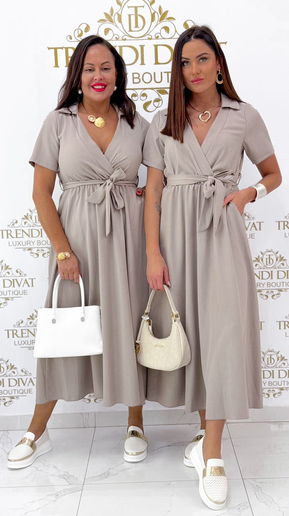 Elegant linen dress with collared, fold-over V-neck and tie belt