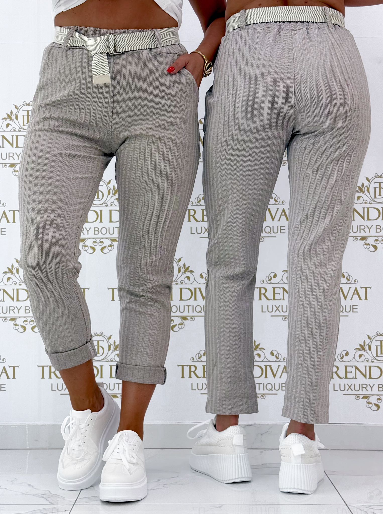 Elasticated waist trousers with elasticated fabric effect, with gift belt - Image 9