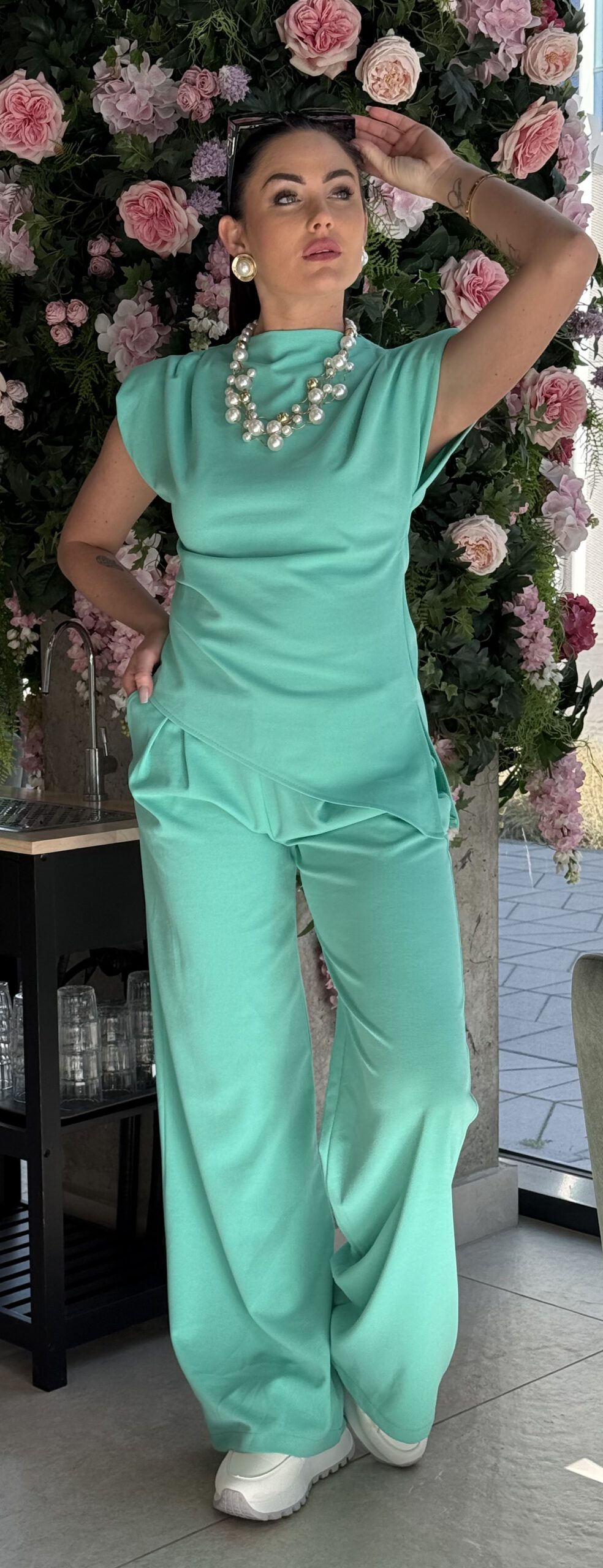 Unique palazzo set with shoulder padded top in lightweight elastic - Image 11