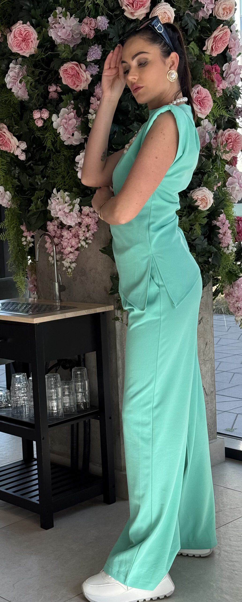 Unique palazzo set with shoulder padded top in lightweight elastic - Image 9