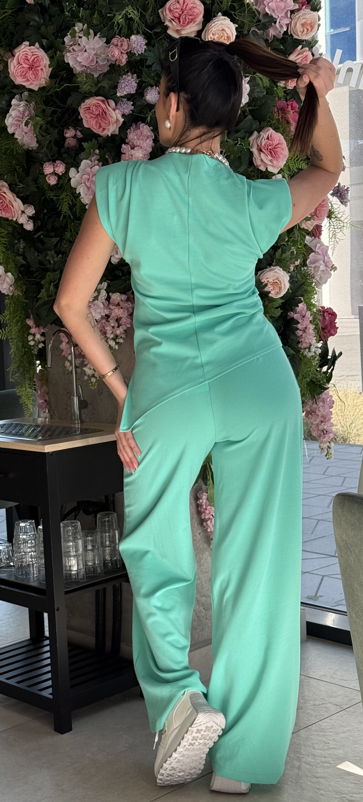 Unique palazzo set with shoulder padded top in lightweight elastic - Image 10