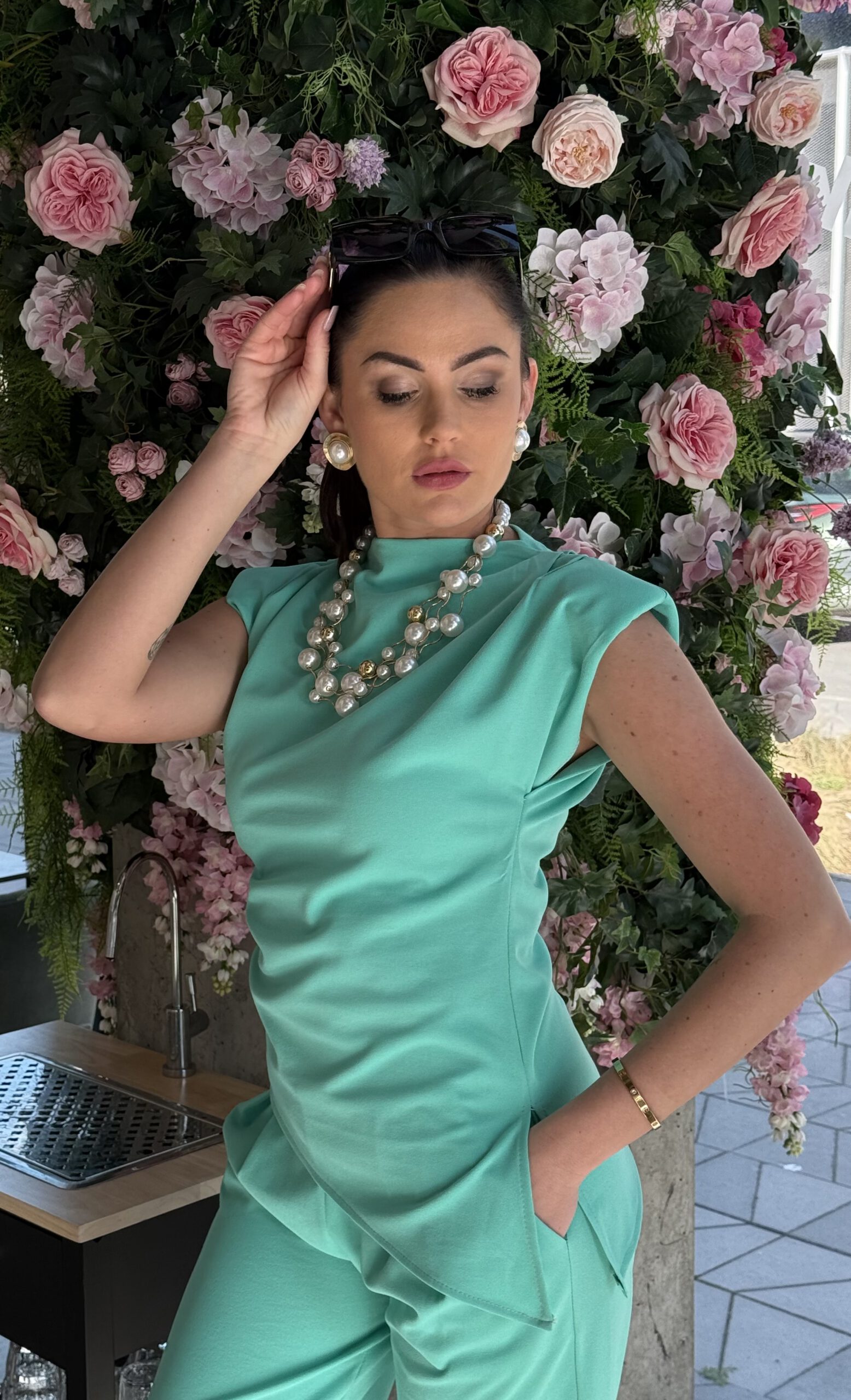 Unique palazzo set with shoulder padded top in lightweight elastic - Image 12