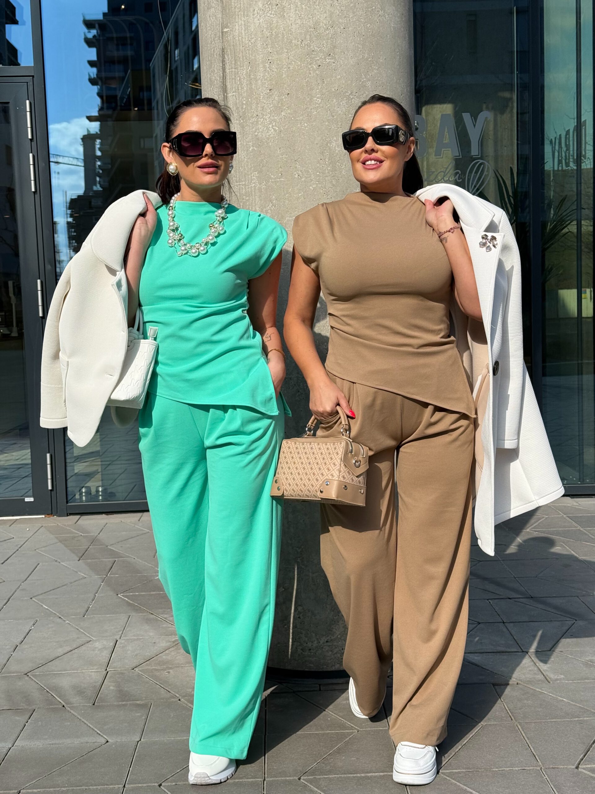 Unique palazzo set with shoulder padded top in lightweight elastic