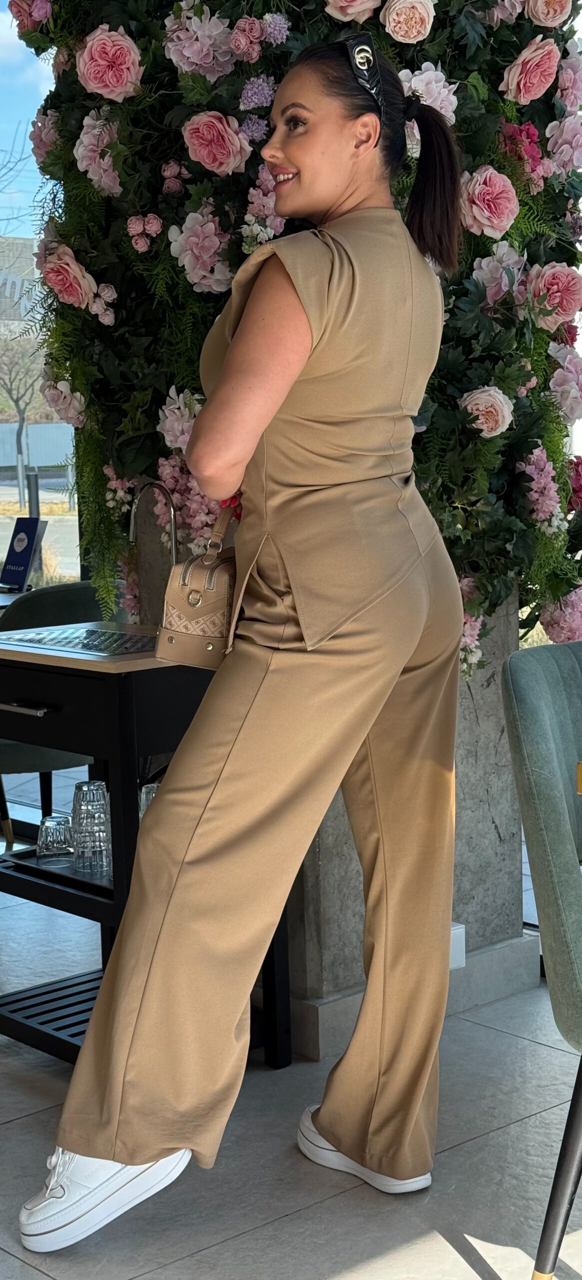 Unique palazzo set with shoulder padded top in lightweight elastic - Image 3