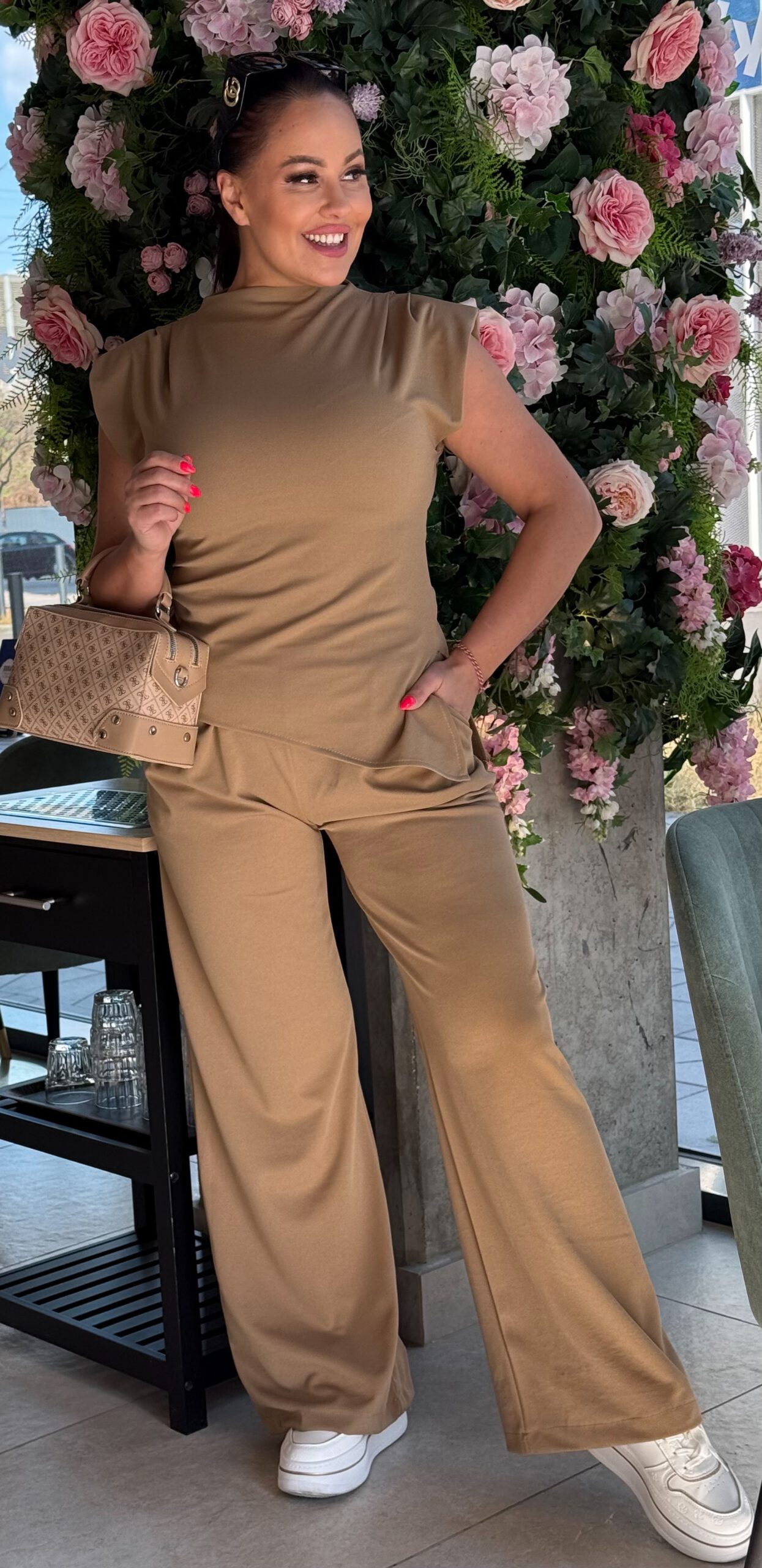 Unique palazzo set with shoulder padded top in lightweight elastic - Image 4