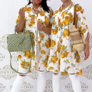 Álló galléros, lenge vászon anyagú, narancs mintázatú ing tunika