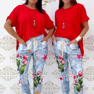 Elasztikus gyűrt anyagú, tulipán mintázatú nadrág