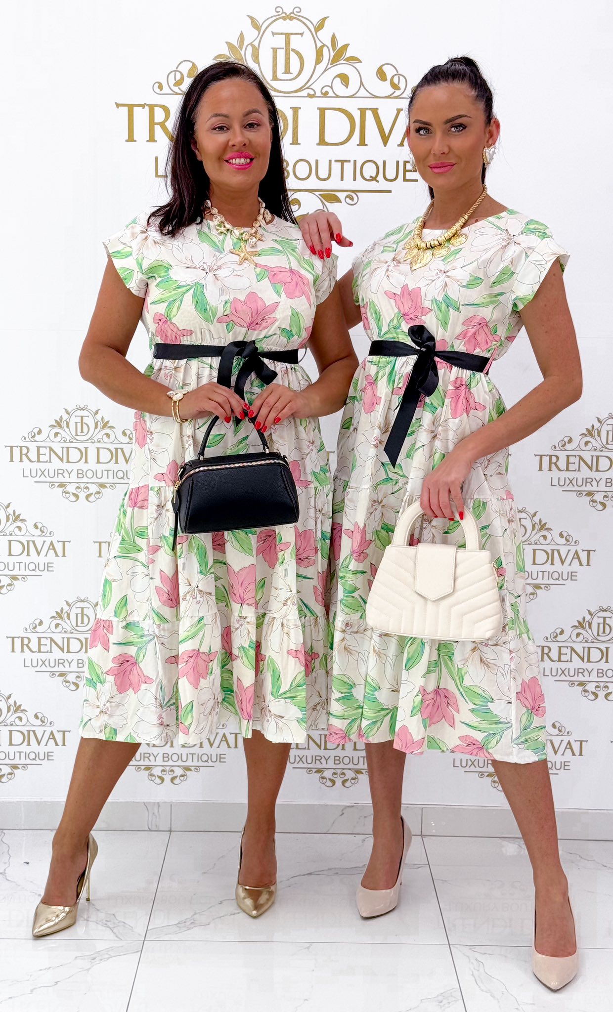 Flower patterned linen midi dress with tie belt