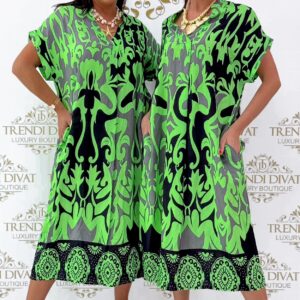 Álló galléros, lenge vászon anyagú, zsebes, mintás maxi tunika