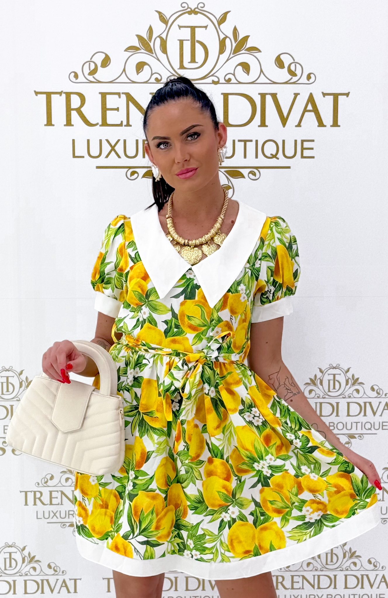 Nagy galléros, puffos ujjú, citrom mintázatú kis ruha - Image 15