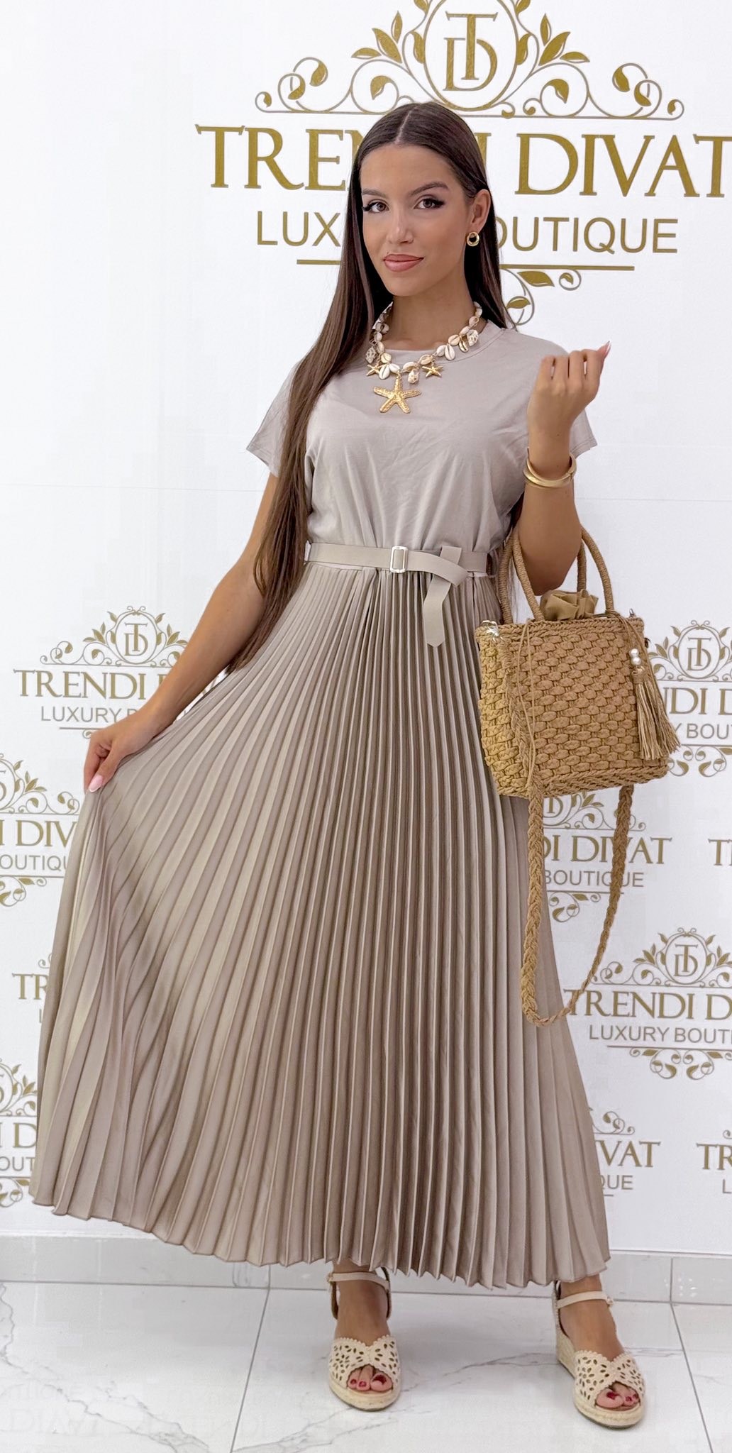 Felül pamut hatású, szatén pliszírozott szoknyarészes ruha, övvel - Image 13