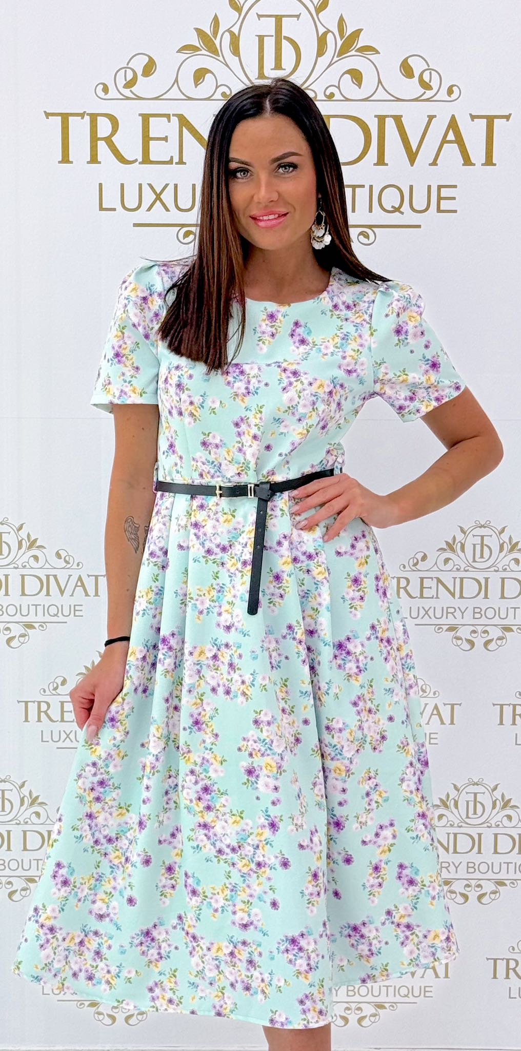 Tiny flower pattern midi dress with zipper back and gift belt - Image 15