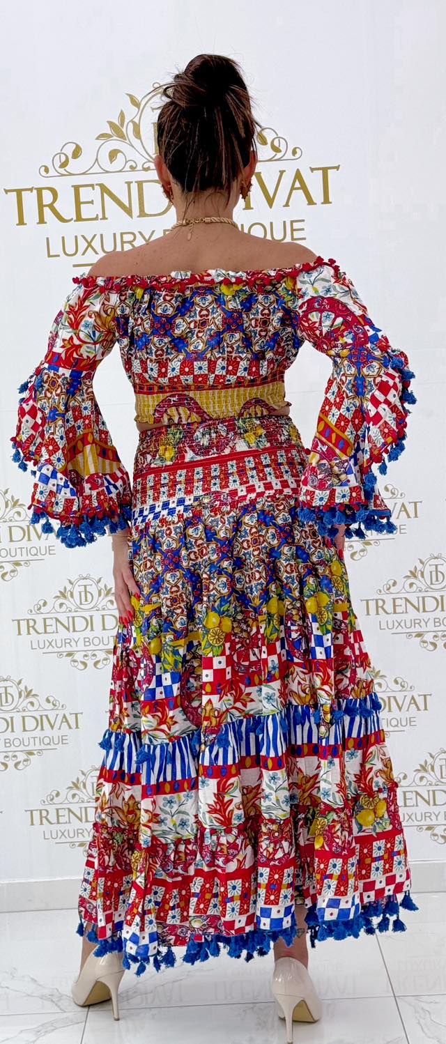 Lenge anyagú, tölcsér ujjú, egyedi mintázatú kétrészes együttes - Image 18