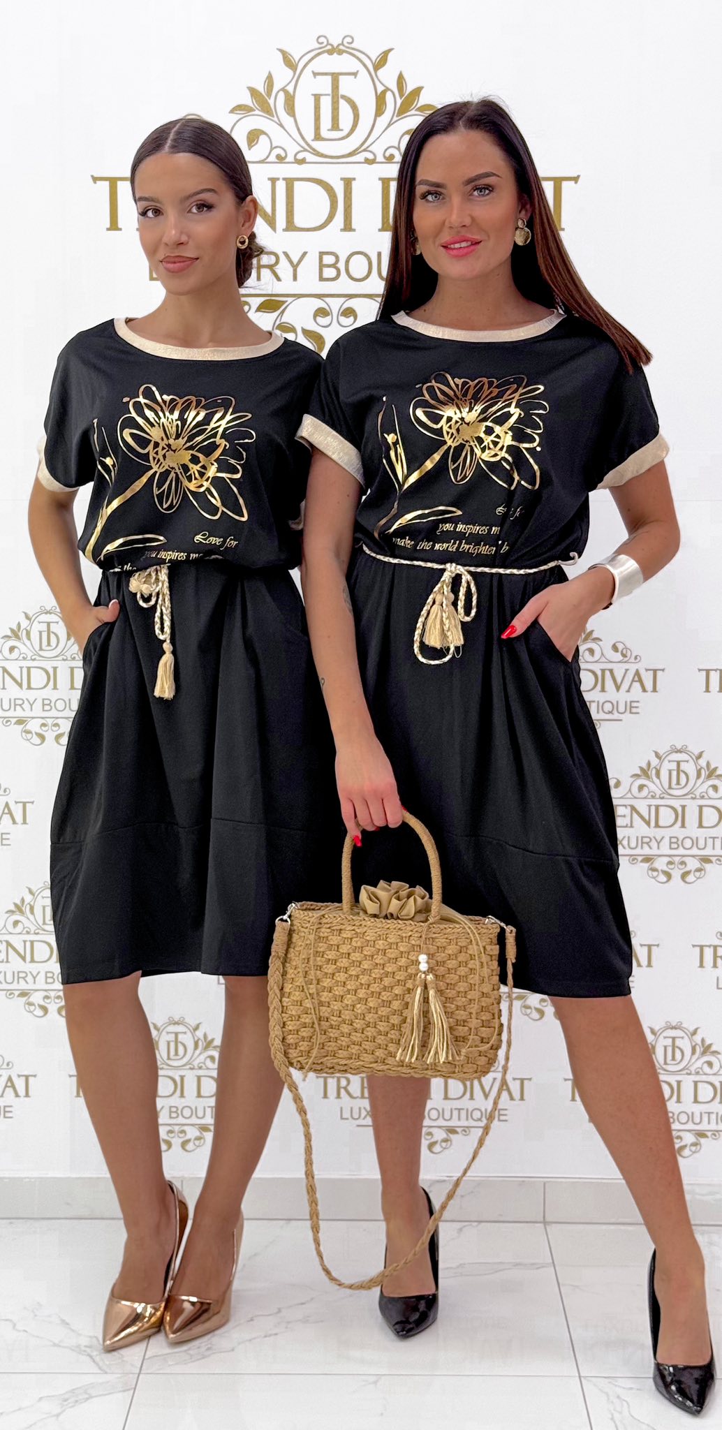 Arany színű virág mintázatú zsebes kis ruha, fonott kis övvel - Image 17