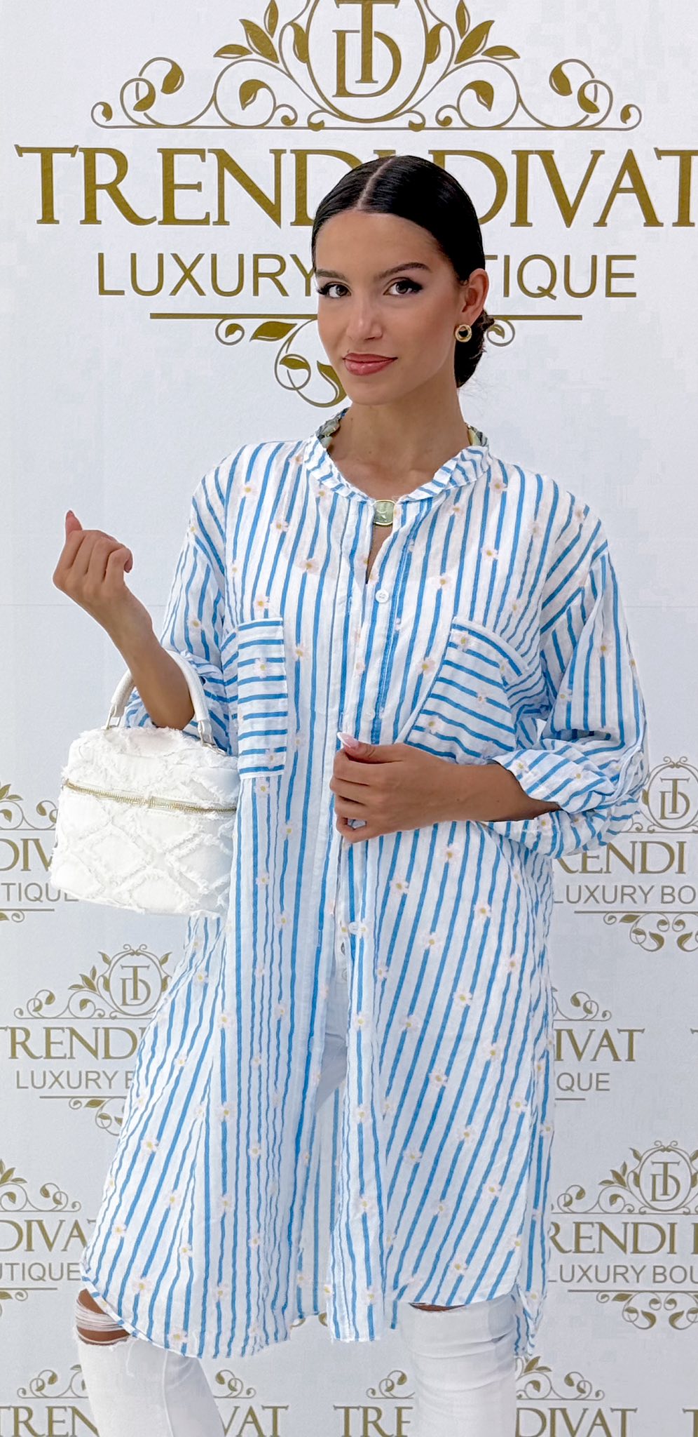 Álló galléros, lenge vászon anyagú, csíkos & virág mintázatú ing tunika - Image 18