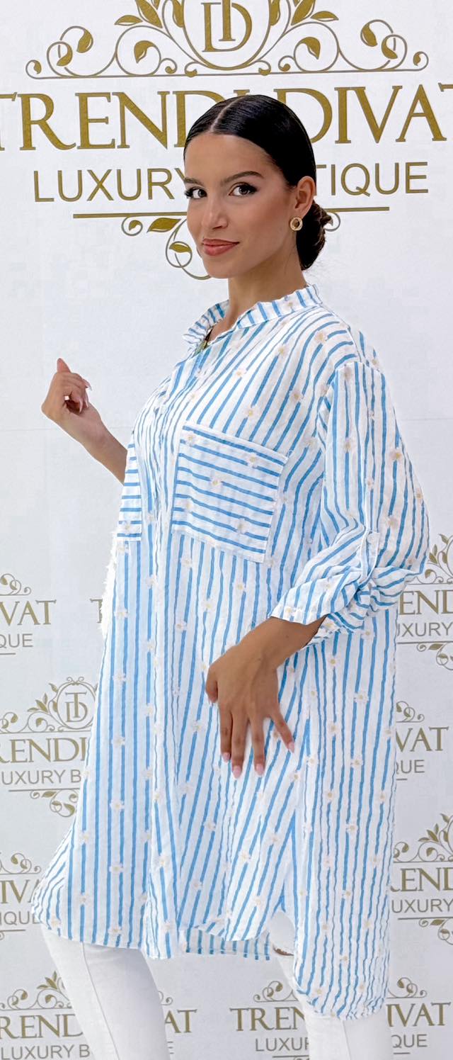 Álló galléros, lenge vászon anyagú, csíkos & virág mintázatú ing tunika - Image 19