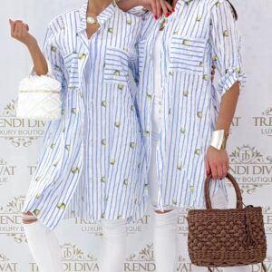 Álló galléros, lenge vászon anyagú, csíkos & citrom mintázatú ing tunika