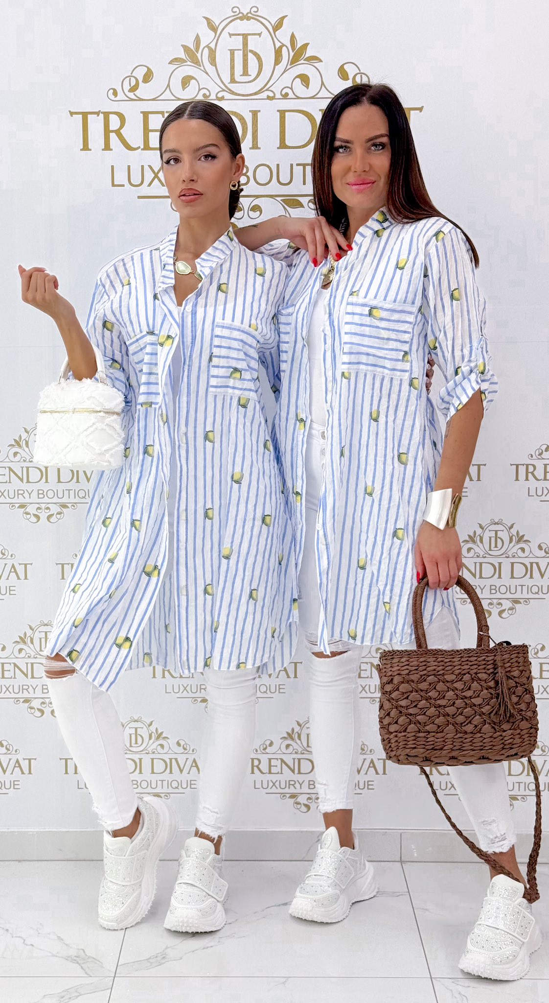 Álló galléros, lenge vászon anyagú, csíkos & citrom mintázatú ing tunika