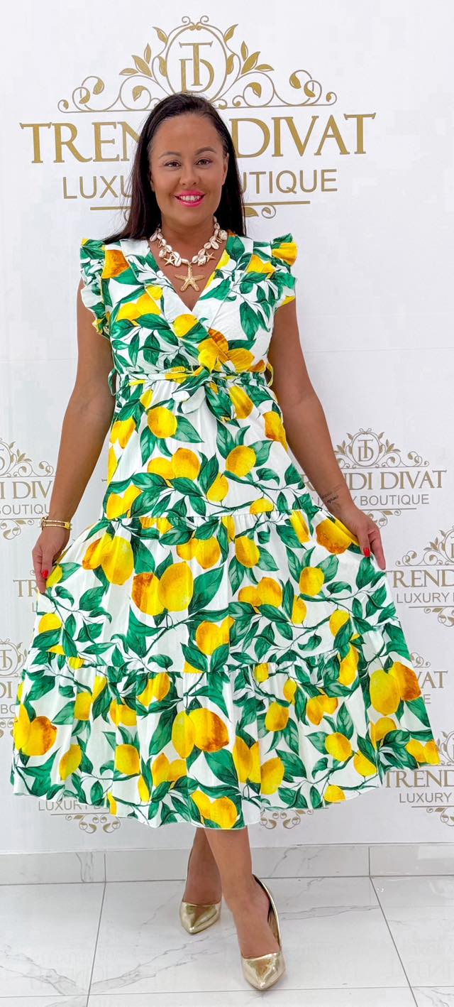 Átlapolt V-nyakú, nagy citrom mintázatú, fodros maxi vászon ruha, megkötős övvel - Image 2