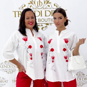 Button-neck, stand-up collar, lettering & poppy patterned blouse in a lightweight thin linen fabric