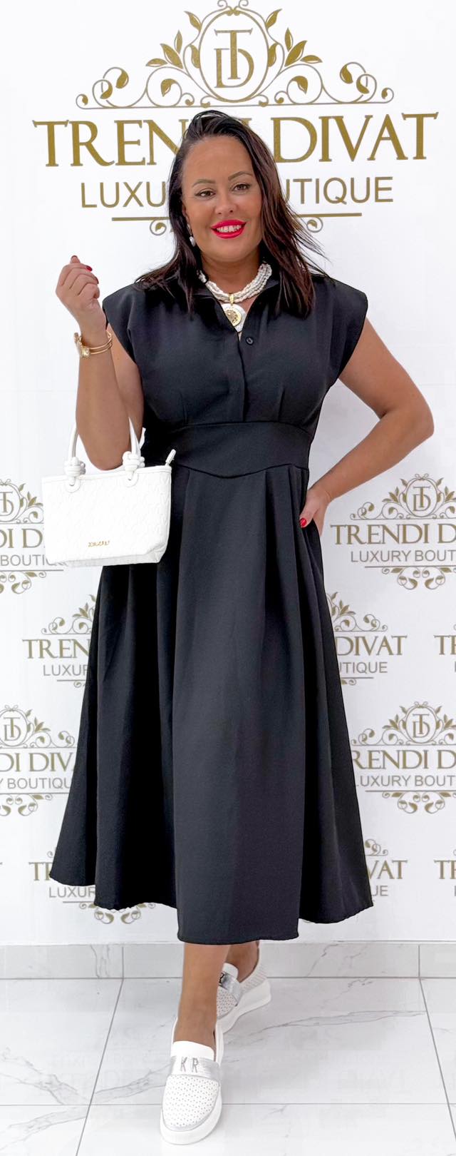 Collared, buttoned bust, slim-fit midi dress with shoulder pads - Image 30