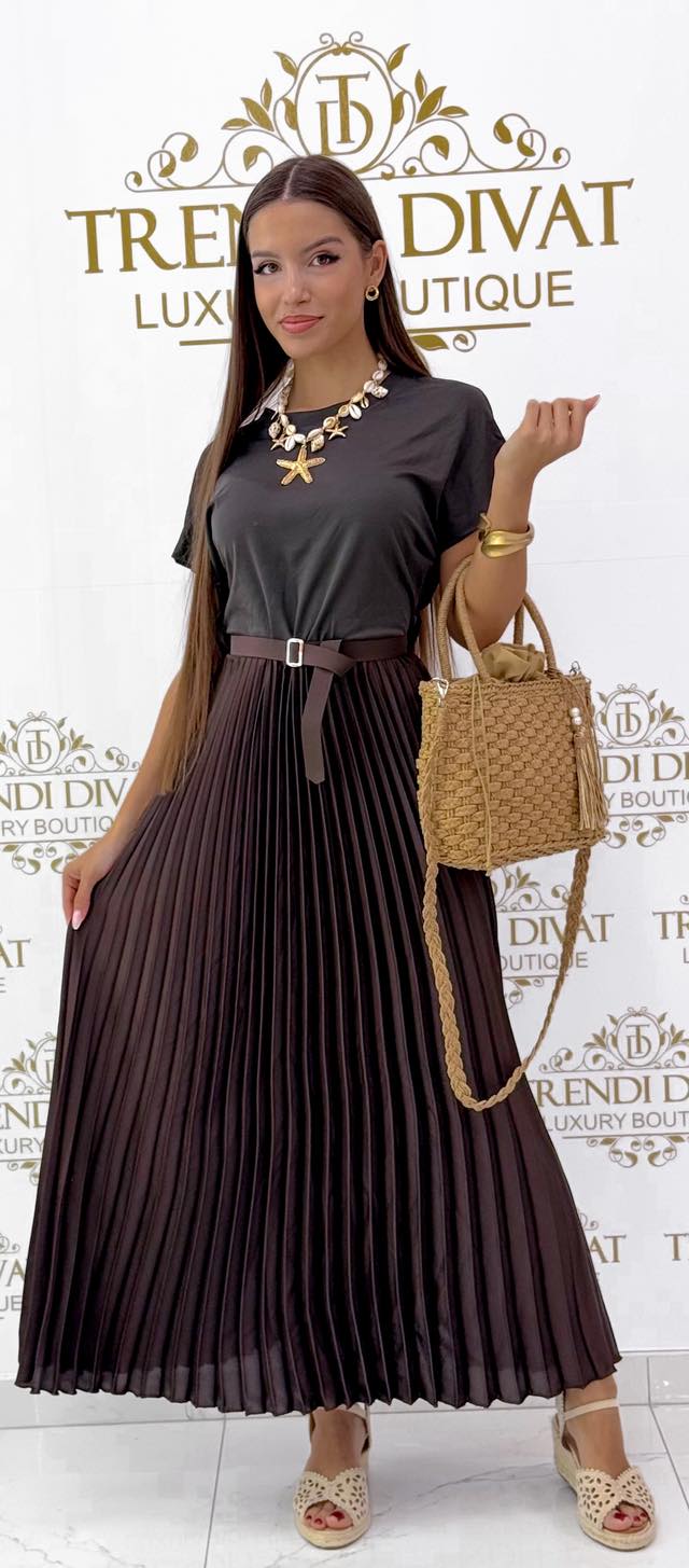 Felül pamut hatású, szatén pliszírozott szoknyarészes ruha, övvel - Image 22