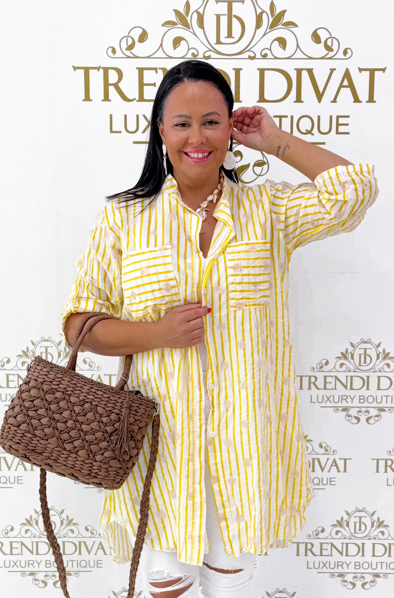 Álló galléros, lenge vászon anyagú, csíkos & virág mintázatú ing tunika - Image 24