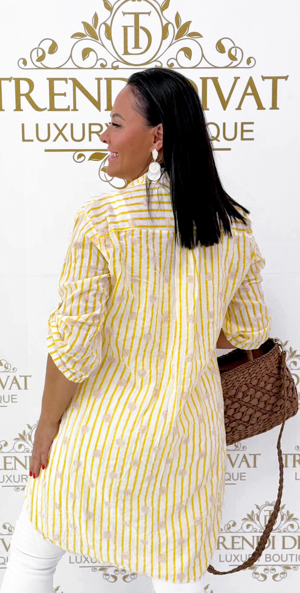 Álló galléros, lenge vászon anyagú, csíkos & virág mintázatú ing tunika - Image 25