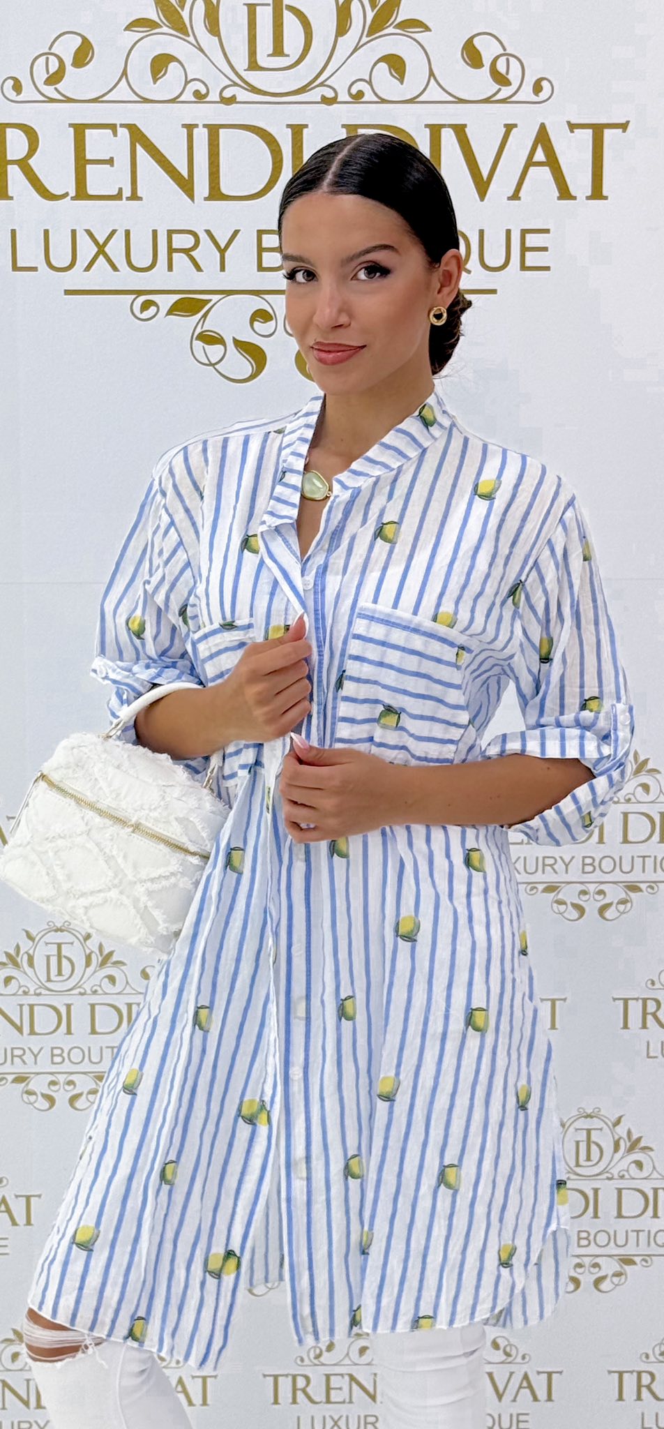 Álló galléros, lenge vászon anyagú, csíkos & citrom mintázatú ing tunika - Image 4