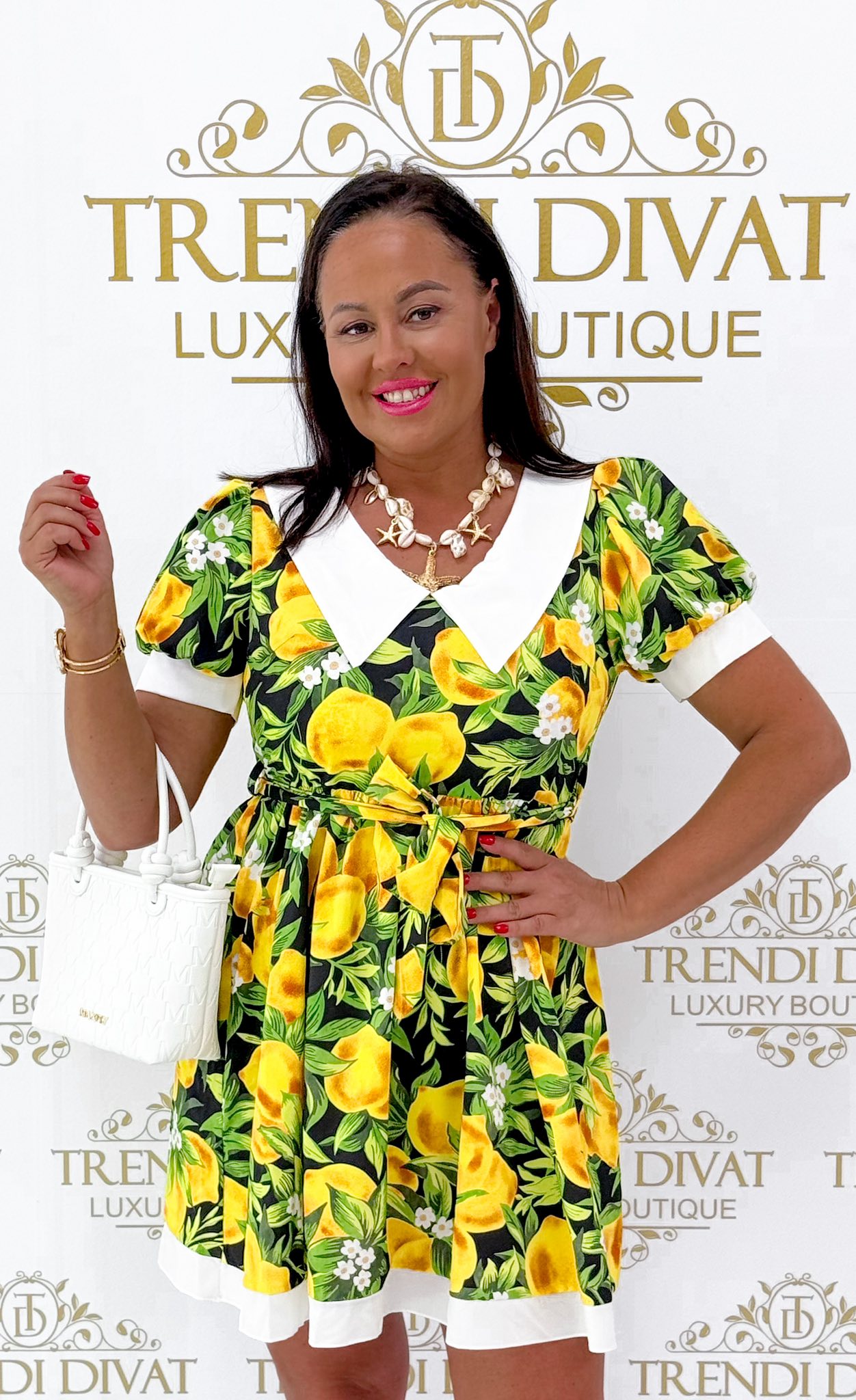 Nagy galléros, puffos ujjú, citrom mintázatú kis ruha - Image 6