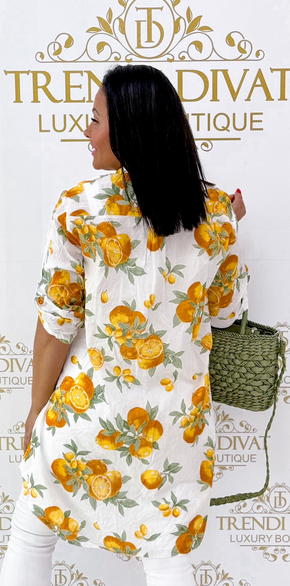 Álló galléros, lenge vászon anyagú, narancs mintázatú ing tunika - Image 4