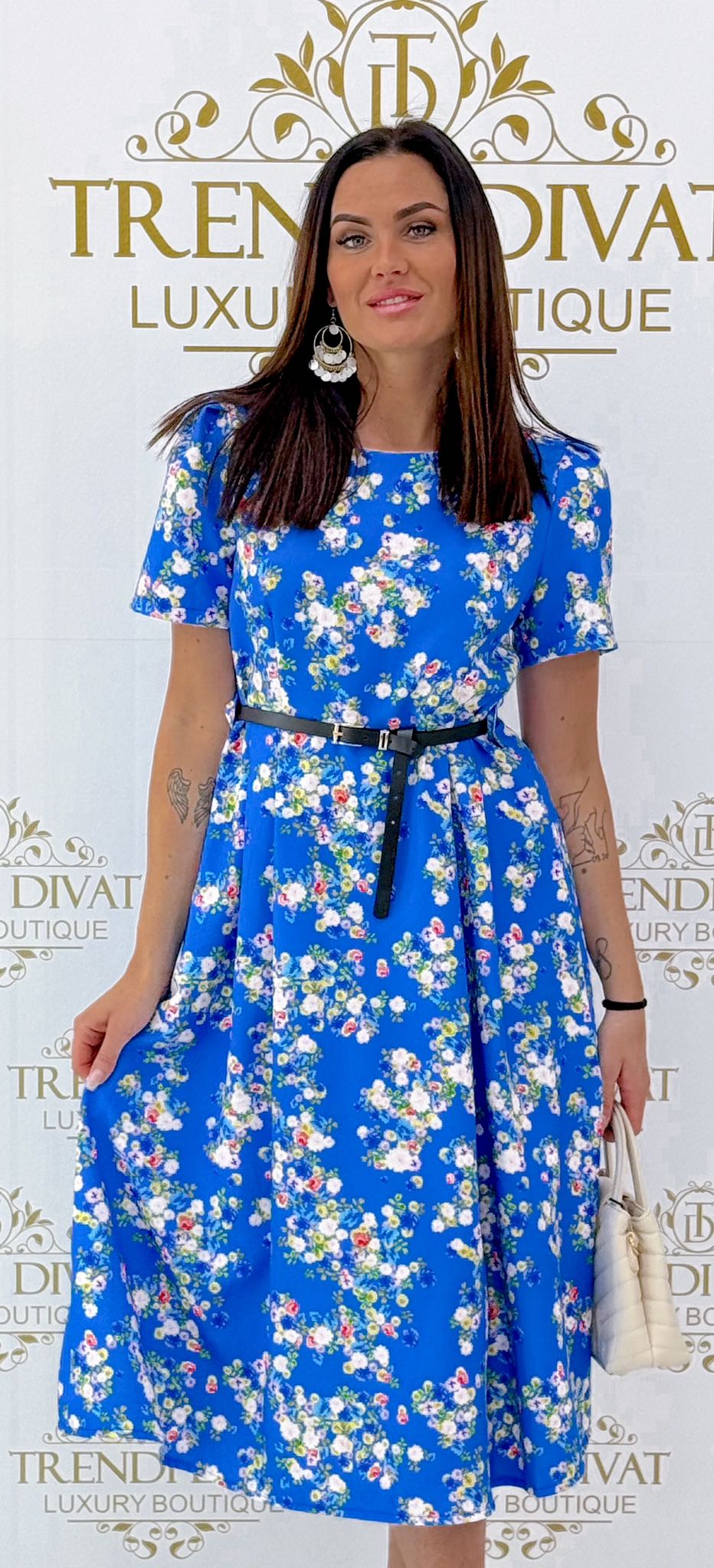 Tiny flower pattern midi dress with zipper back and gift belt - Image 6